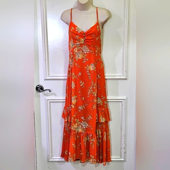 Urban Outfitters Orange/Yellow MultiColor Floral Strappy Ruffle Maxi Dress,Large - Picture 12 of 16